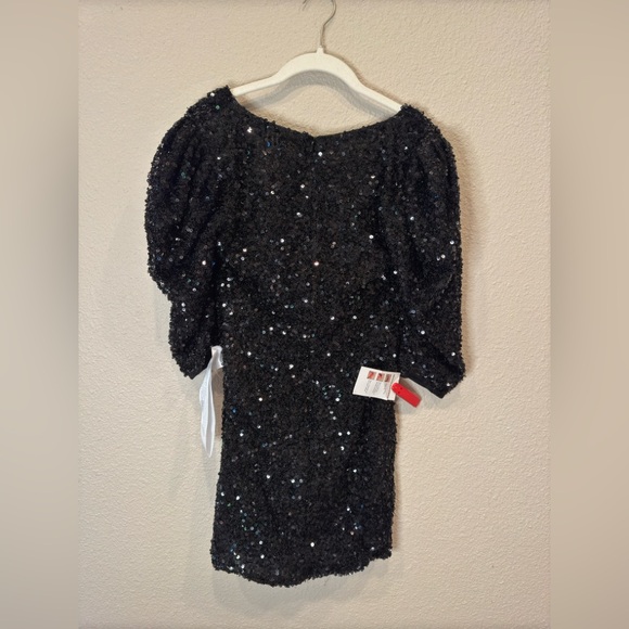 NWT $358 Mac Duggal Sequined Puffed Sleeve Mini Dress black beaded 26449 holiday - Picture 6 of 8